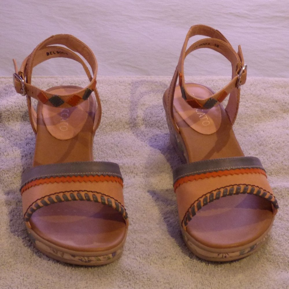 Tan Staccato Sandals, blue & orange detail, unusual floral wedge EU38 unworn